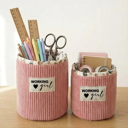 Panière ronde en velours côtelé rose personnalisée pour rangement bureau avec stylos, ciseaux et papeterie