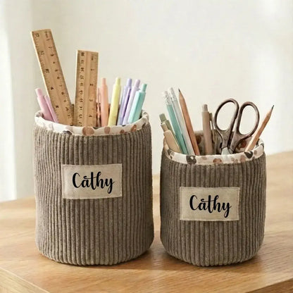 Panier de rangement rond en velours côtelé taupe personnalisable pour organiser stylos, crayons et accessoires