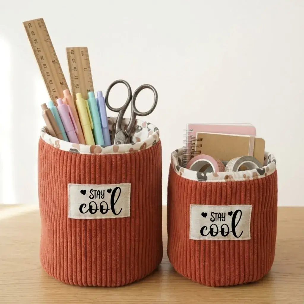 Panière de rangement en velours côtelé terracotta personnalisée pour fournitures de bureau et papeterie