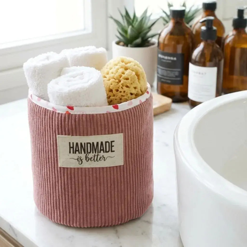 Panière ronde rose en velours côtelé pour rangement salle de bain avec serviettes et éponge