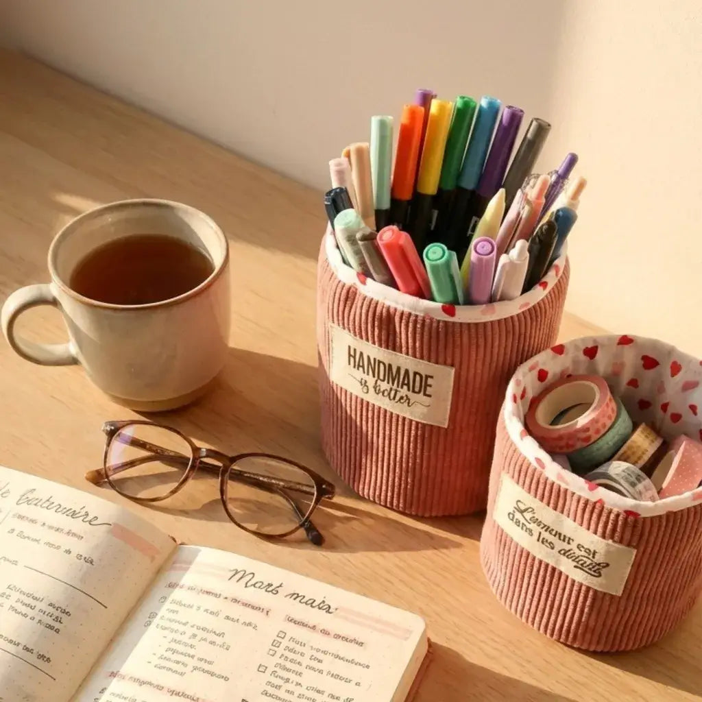 Panières rondes en velours côtelé pour organiser stylos et fournitures de bureau