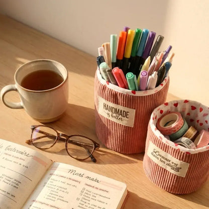 Panières rondes en velours côtelé pour organiser stylos et fournitures de bureau
