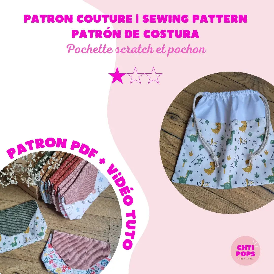 Patron de couture - Pochette à scratch et pochon avec tuto vidéo