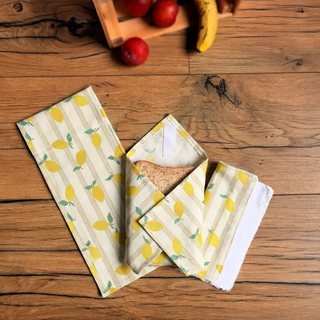 pochette sandwich réutilisable en tissu motif citrons pour demi-baguette et pain de mie