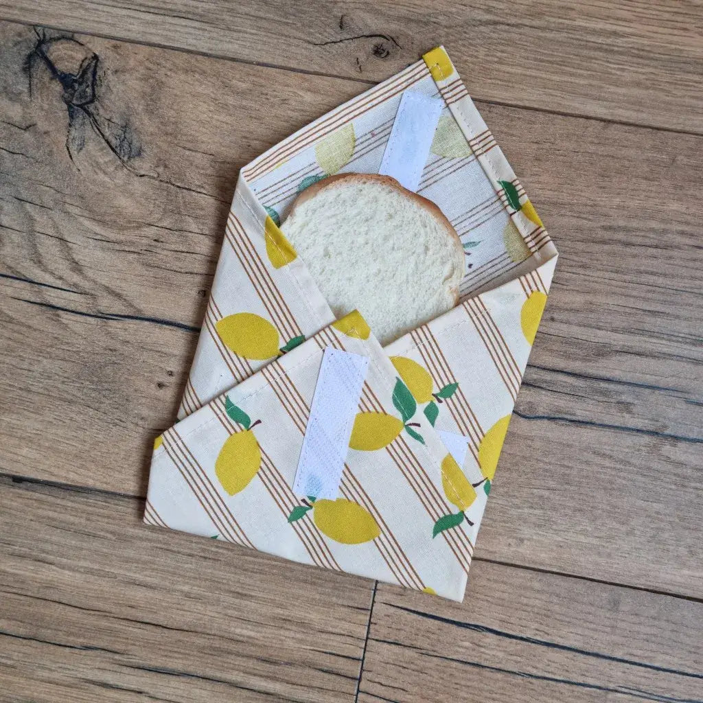 pochette sandwich tissu motif citron format pain de mie avec rabat pliable et fermeture scratch