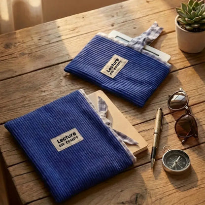 Ensemble de pochettes livre et liseuse bleu roi en velours côtelé posées sur une table en bois.