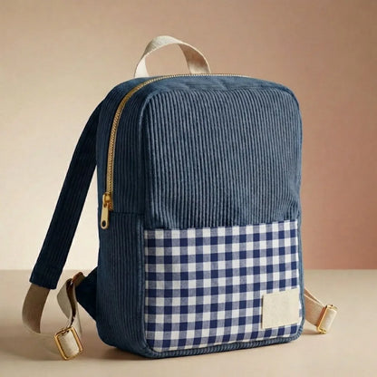 sac à dos enfant velours côtelé bleu foncé avec poche vichy et bretelles réglables