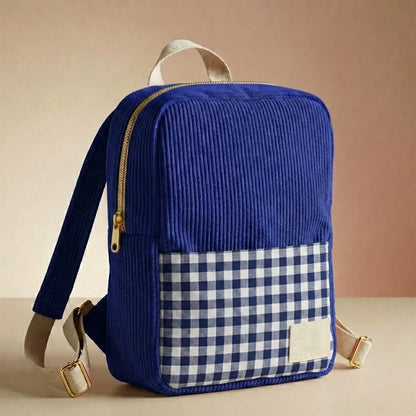 sac à dos enfant velours côtelé bleu roi avec poche vichy et fermeture zip