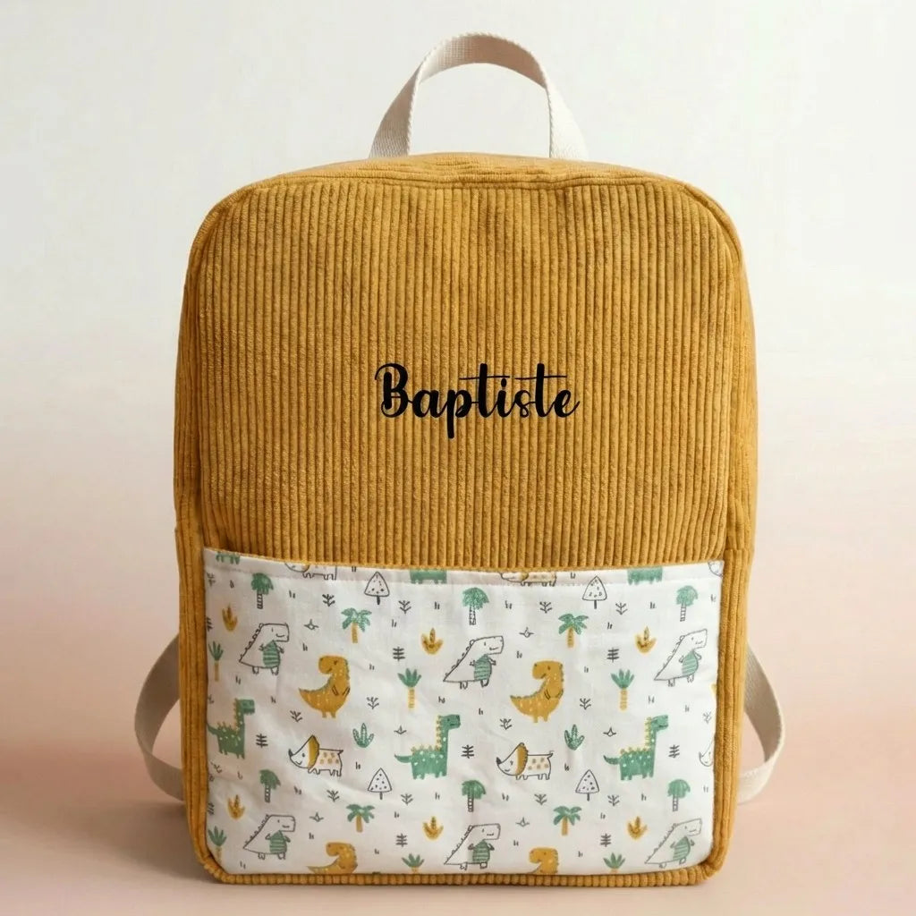 sac à dos enfant velours côtelé jaune avec poche dinosaures et prénom personnalisé