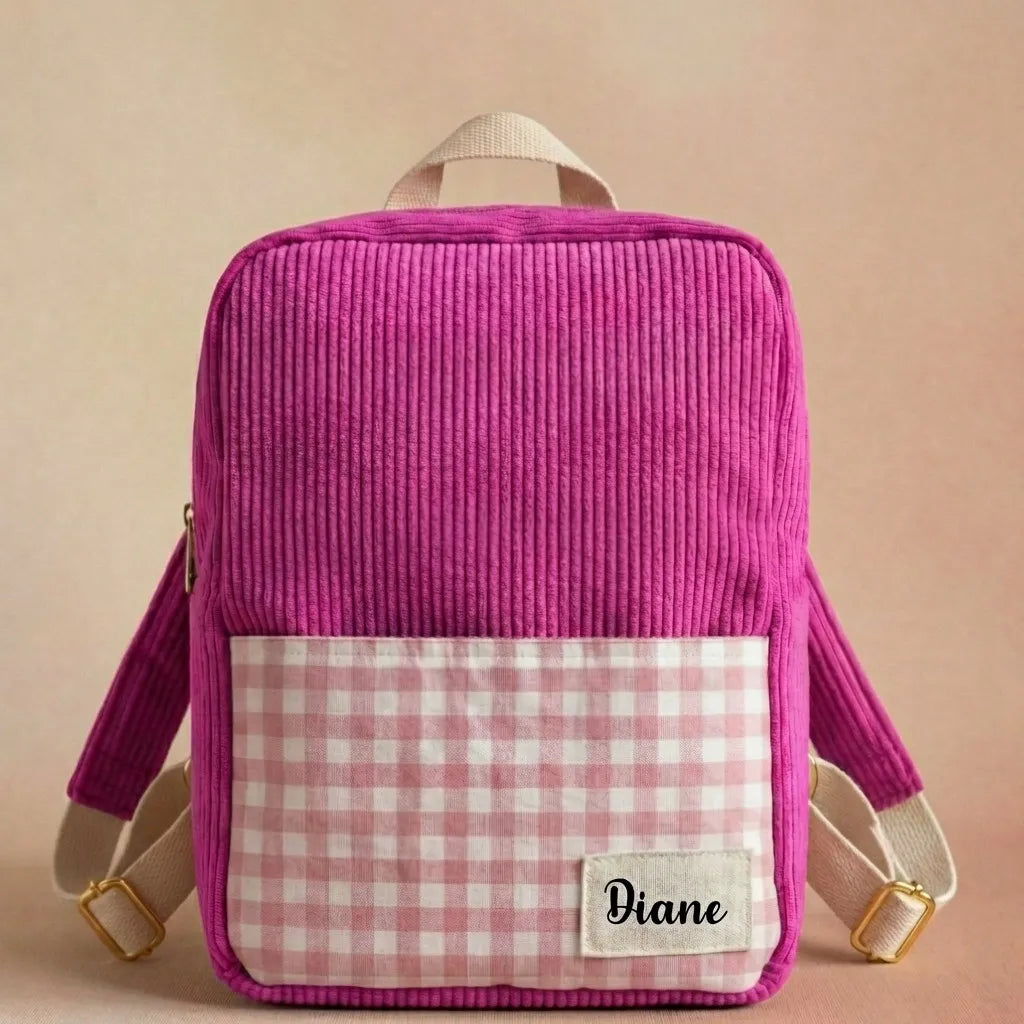 sac à dos enfant velours côtelé magenta avec poche vichy et étiquette prénom