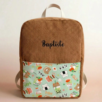 sac à dos enfant velours côtelé marron avec poche imprimée motifs gourmands et prénom