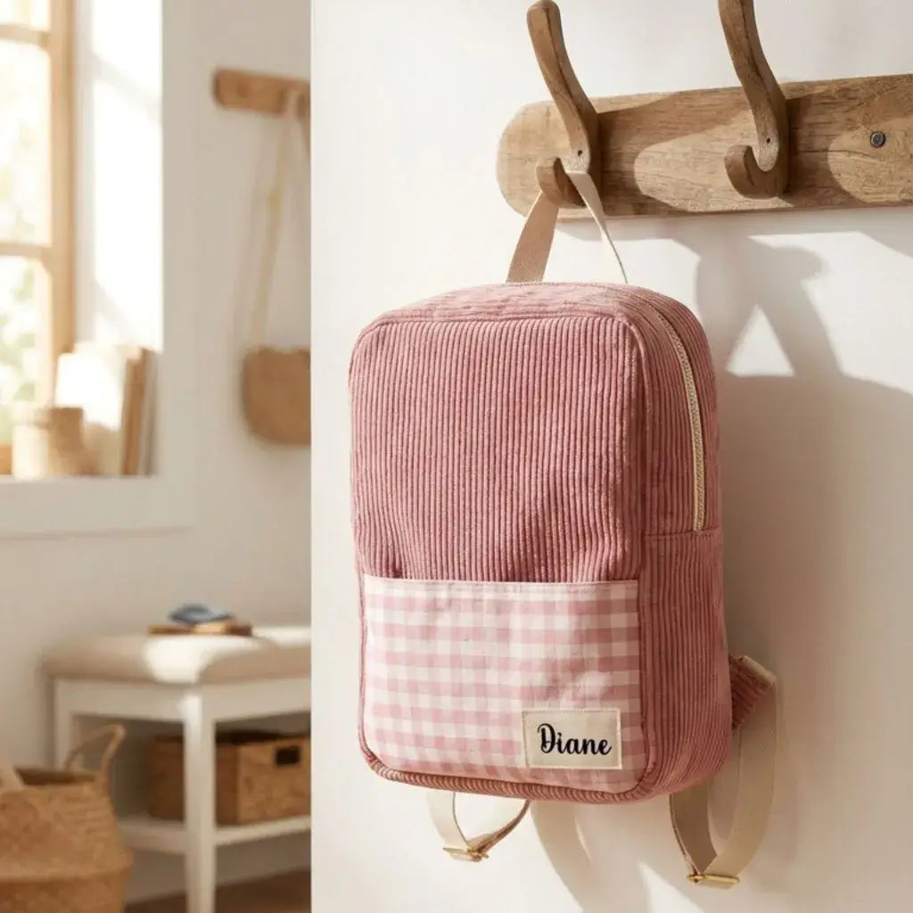 sac à dos enfant velours côtelé rose personnalisé accroché à un porte manteau