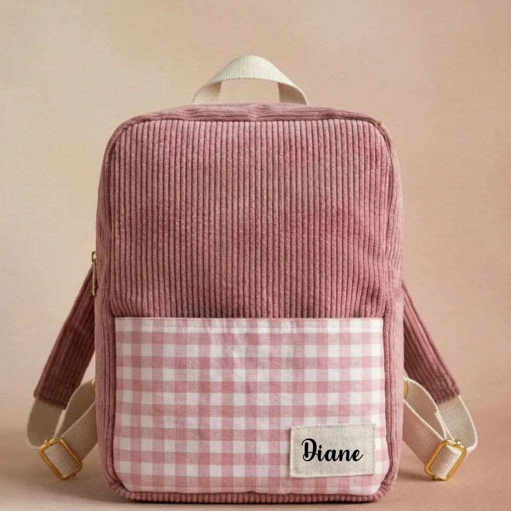 sac à dos enfant velours côtelé rose avec poche vichy et étiquette prénom