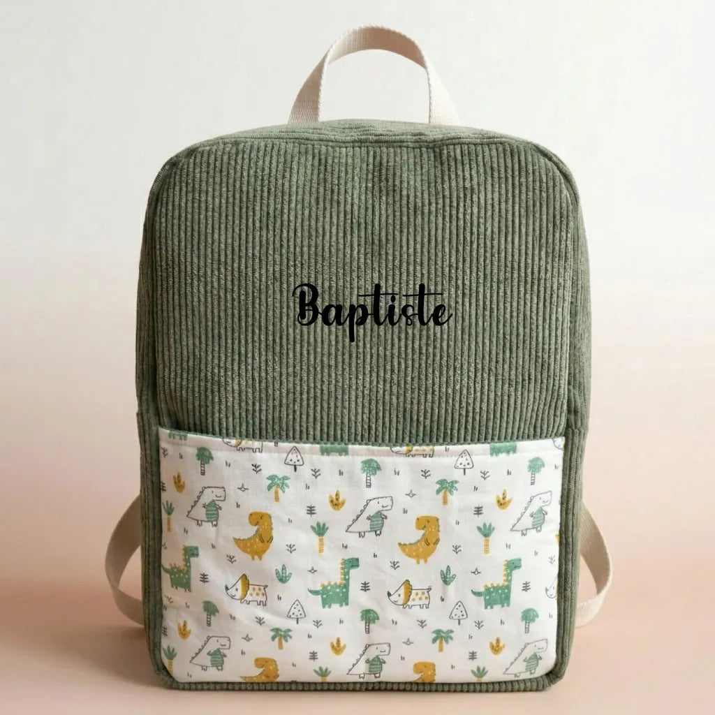sac à dos enfant velours côtelé vert avec poche dinosaures et prénom personnalisé