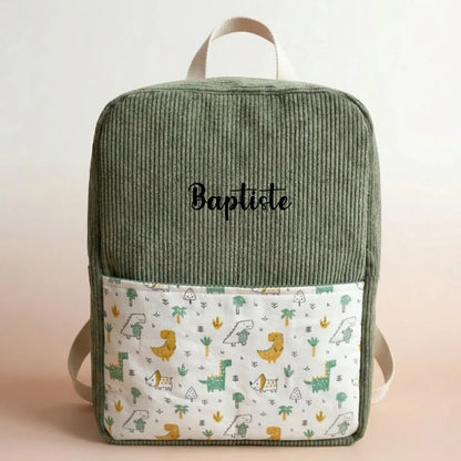 sac à dos enfant velours côtelé vert avec poche dinosaures et prénom personnalisé