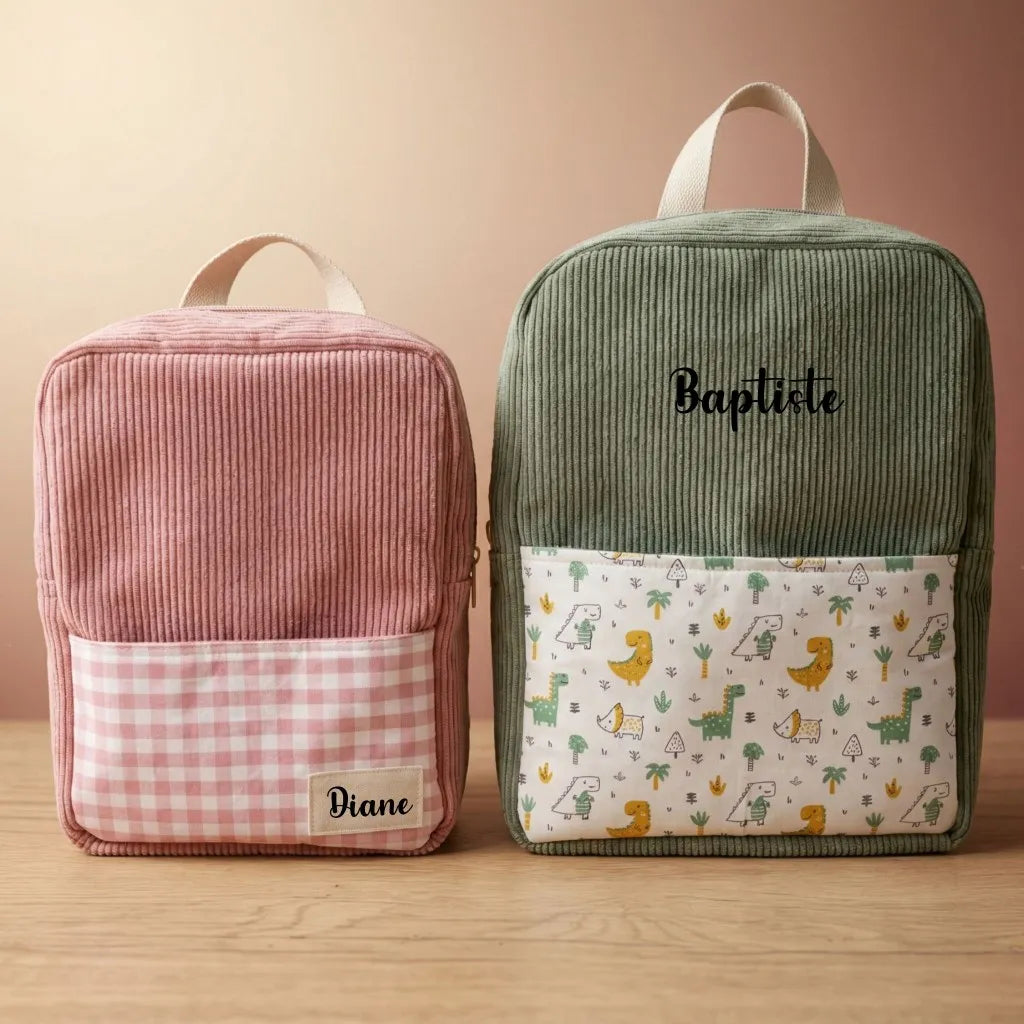 sac à dos enfant personnalisé 2 tailles velours côtelé avec poche imprimée et prénom floqué