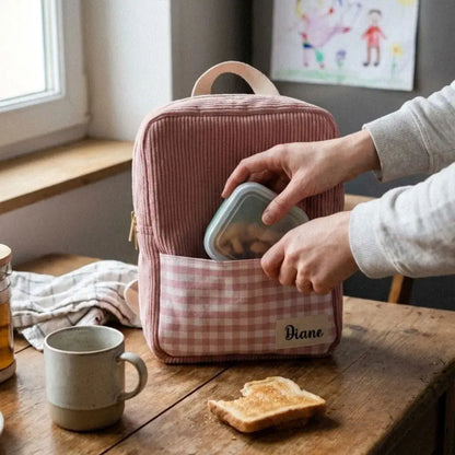 sac à dos enfant velours côtelé rose avec poche vichy et prénom personnalisé