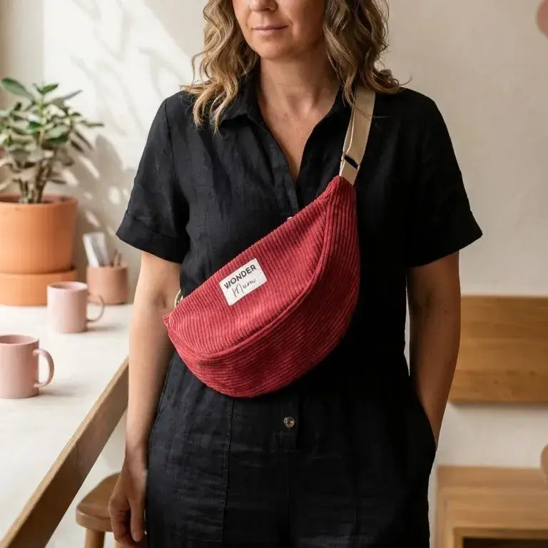 sac banane demi-lune terracotta en velours côtelé porté devant avec sangle écrue