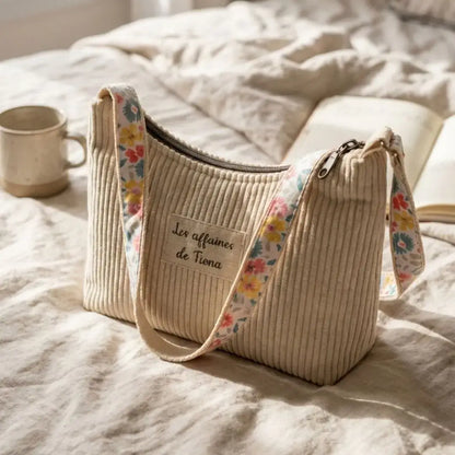 Sac bandoulière écru en velours côtelé posé sur un lit blanc, style bohème.