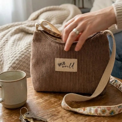 Sac bandoulière taupe en velours côtelé sur une table basse en bois.