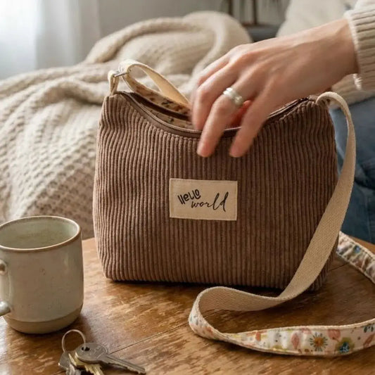 Sac bandoulière taupe en velours côtelé sur une table basse en bois.