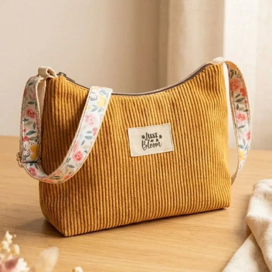 Petit sac bandoulière jaune moutarde en velours côtelé et bandoulière motifs fleurs.