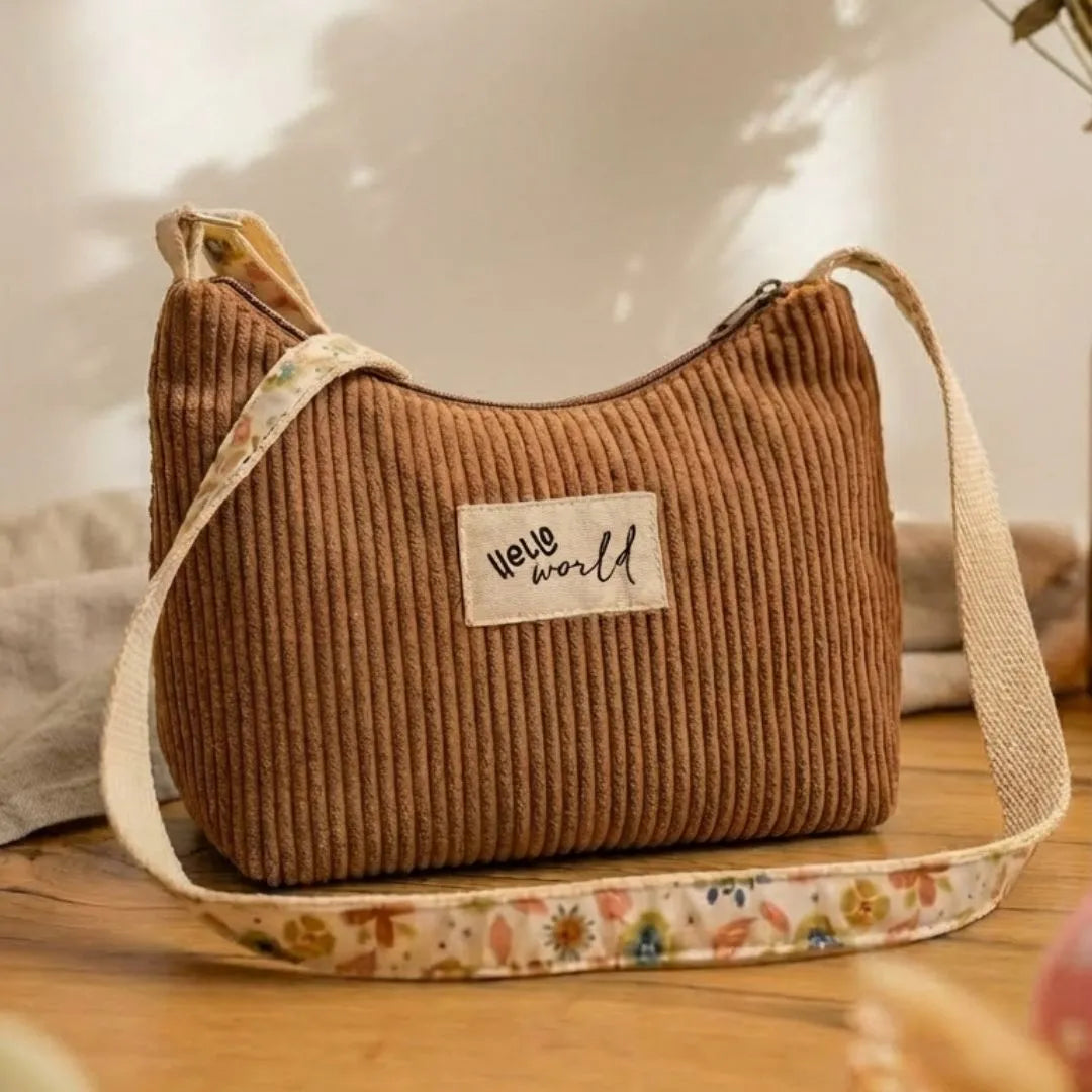 Sac bandoulière marron en velours côtelé, doublure et sangle fleurs vintage.