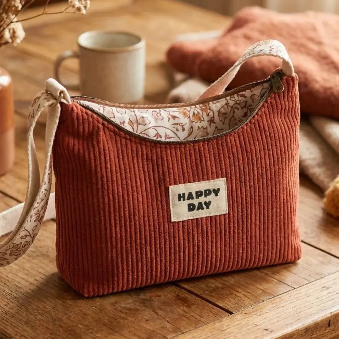 Sac à main bandoulière velours côtelé terracotta, intérieur fleuri, patch Happy Day.