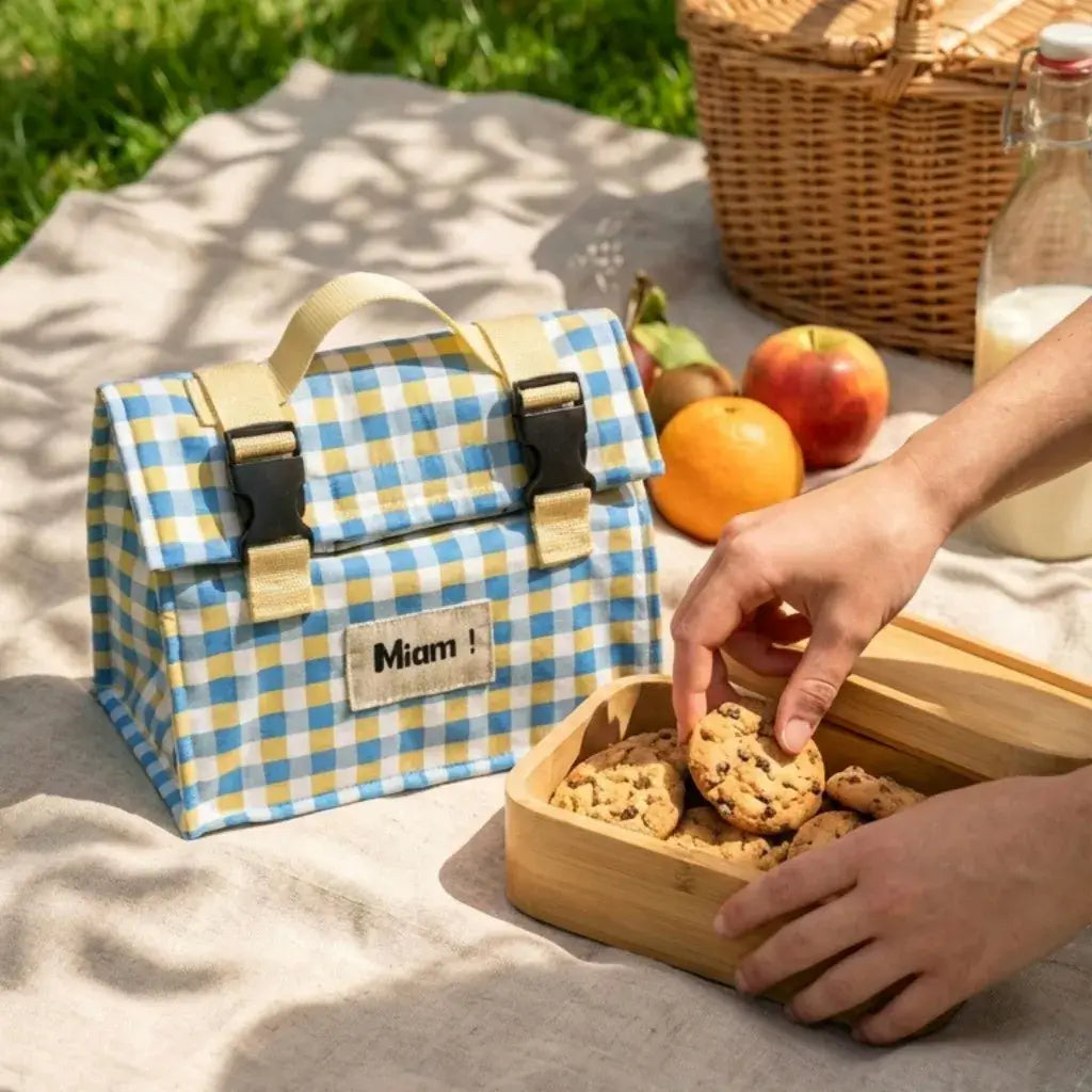 Sac repas isotherme à carreaux bleus et boîte à cookies en pique-nique.