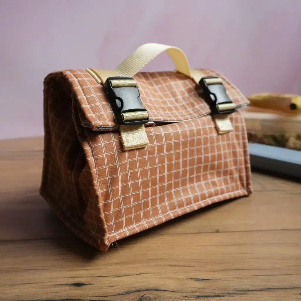 Sac repas isotherme terracotta à carreaux fins blancs en coton enduit avec boucles clipsables