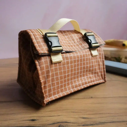 Sac repas isotherme terracotta à carreaux fins blancs en coton enduit avec boucles clipsables