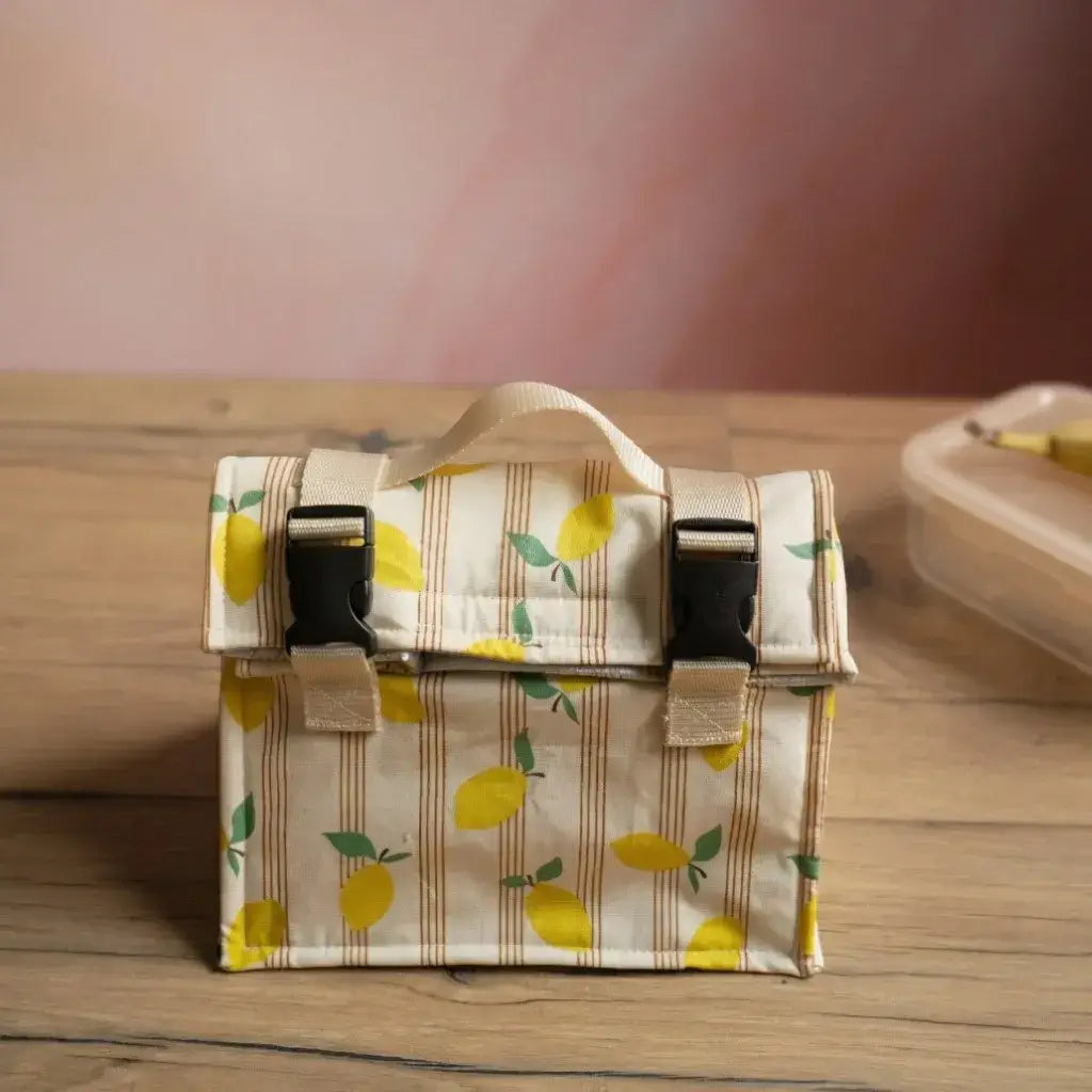 sac repas isotherme coton enduit motif citron avec fermeture clips et poignée