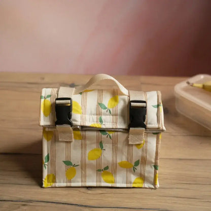 sac repas isotherme coton enduit motif citron avec fermeture clips et poignée