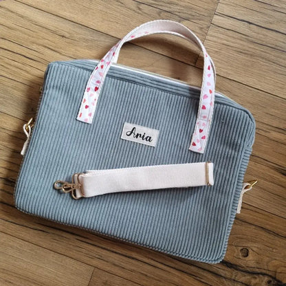 sacoche ordinateur portable velours côtelé bleu lichen avec bandoulière amovible et fermeture zippée
