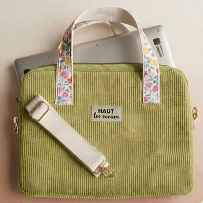sacoche ordinateur portable velours côtelé vert anis avec poignées tissu fleuri et sangle réglable