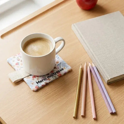 sous-verre molletonné isolant personnalisé Merci maîtresse avec tasse de café
