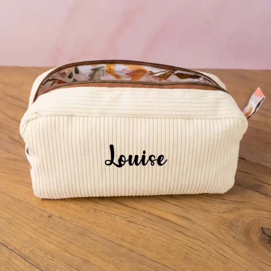 Trousse de toilette velours côtelé écru personnalisée Louise, intérieur doublure fleurs automnales.