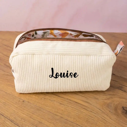 Trousse de toilette velours côtelé écru personnalisée Louise, intérieur doublure fleurs automnales.