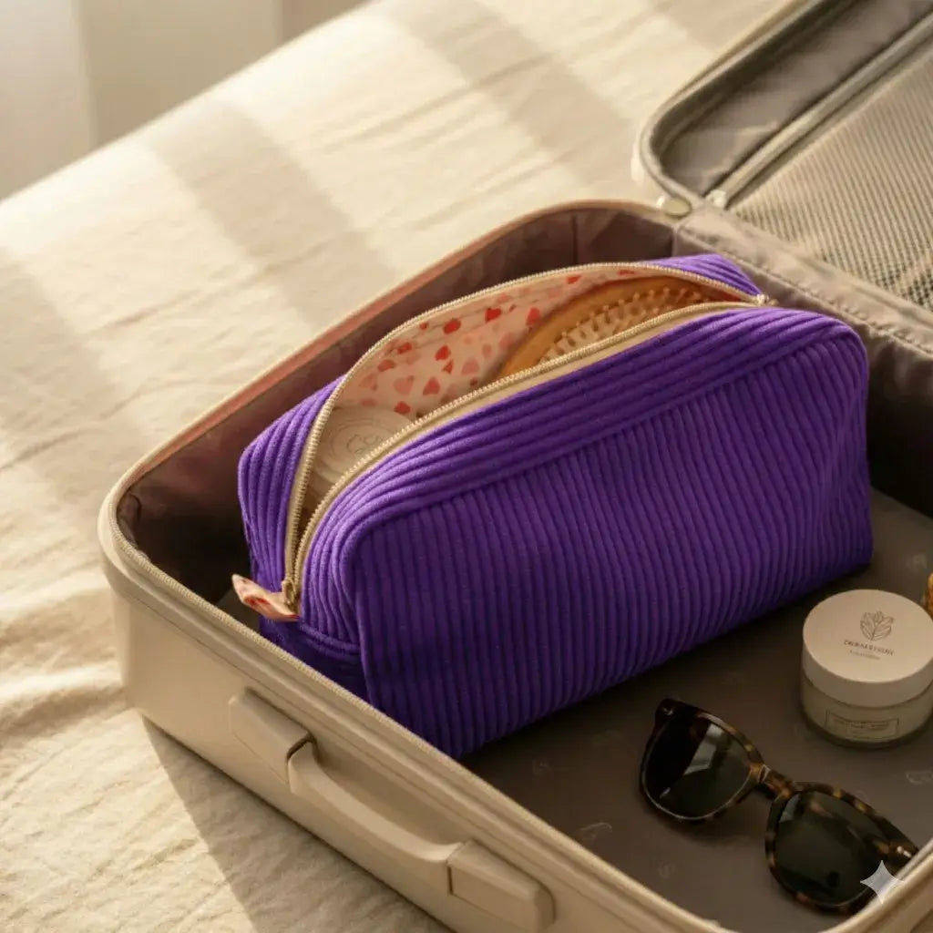 Trousse de toilette en velours côtelé lavande dans une valise ouverte avec accessoires de voyage.