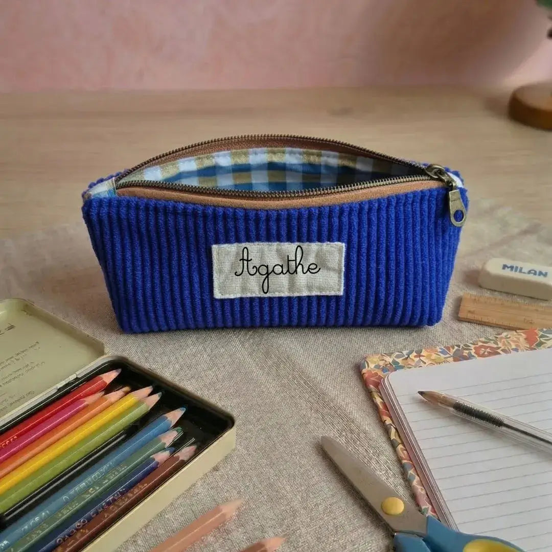 Trousse d’école personnalisée bleu roi en velours côtelé avec prénom, trousse scolaire enfant résistante