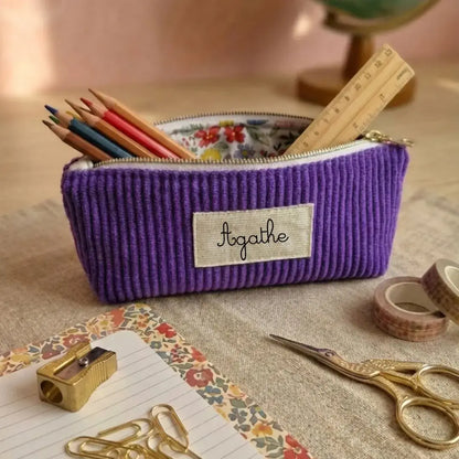 Trousse scolaire personnalisée lavande en velours côtelé avec prénom, trousse école enfant originale