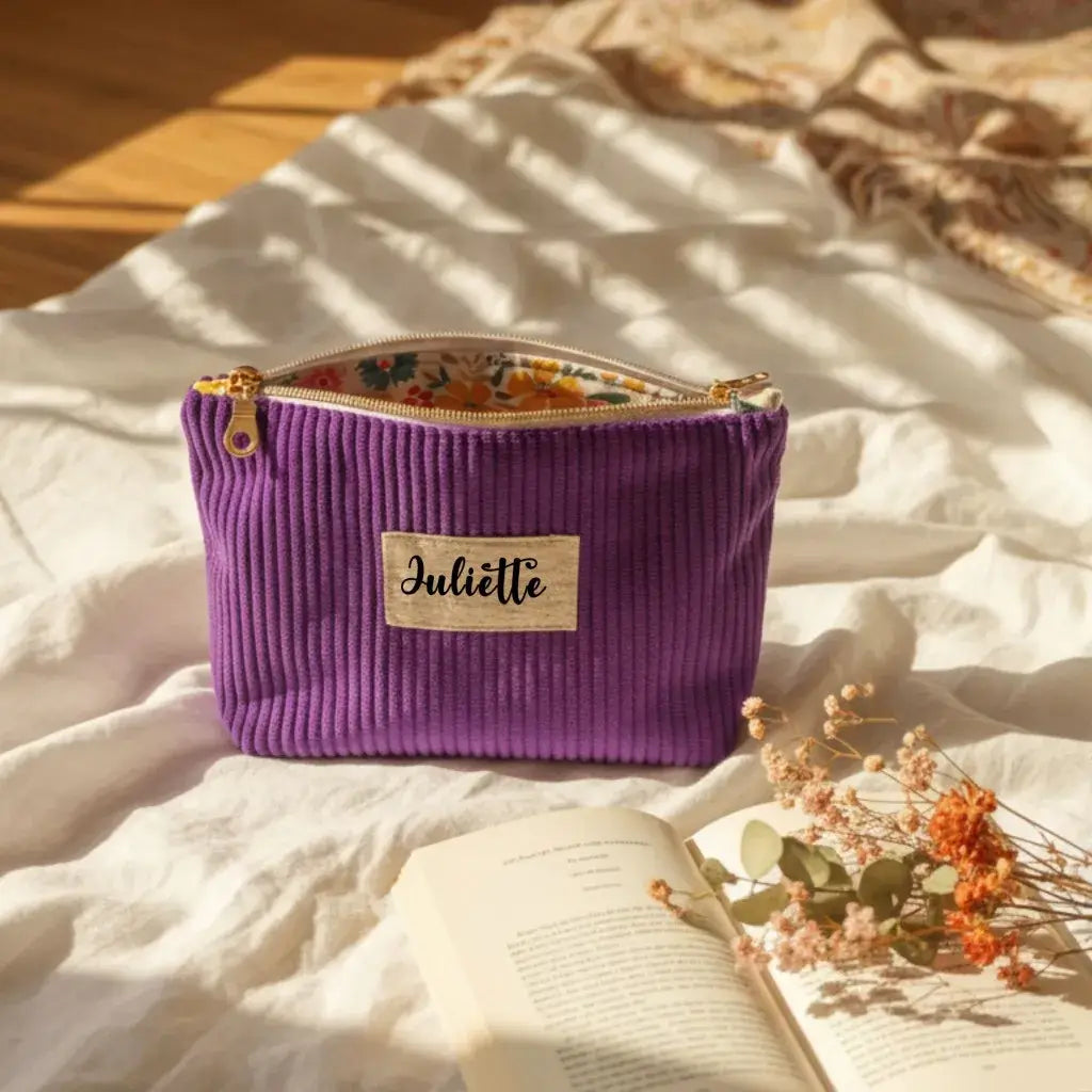 Trousse personnalisée Juliette en velours côtelé lavande sur draps blancs avec livre et fleurs séchées.