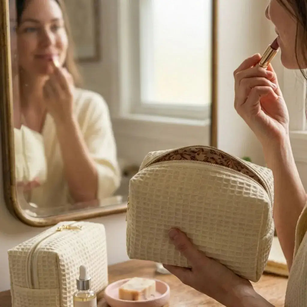 trousse maquillage beige nid d’abeille tenue en main avec produits beauté devant miroir