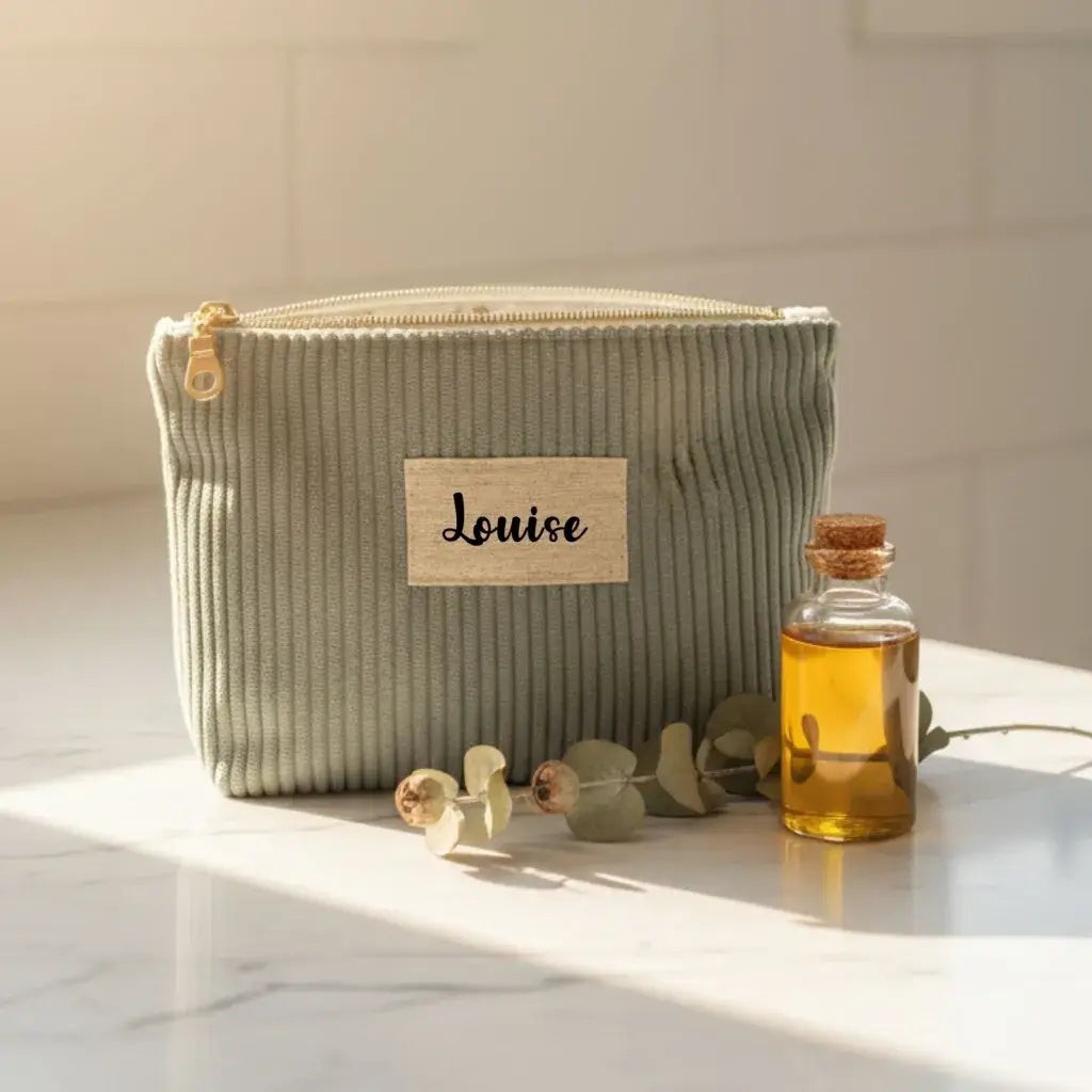 Trousse personnalisée Louise en velours côtelé lichen sur plan de travail marbre avec fiole.