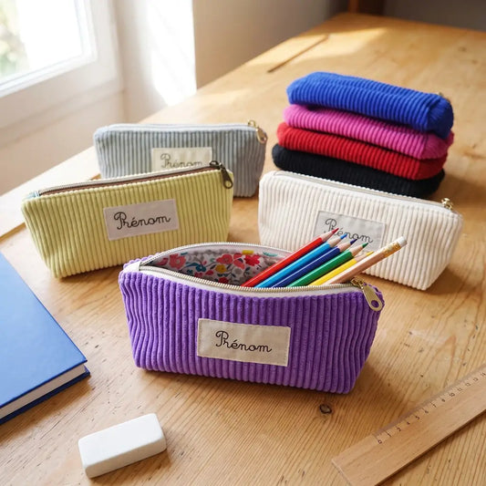 Trousses d’école en velours côtelé de plusieurs coloris, étiquettes prénom et crayons de couleur