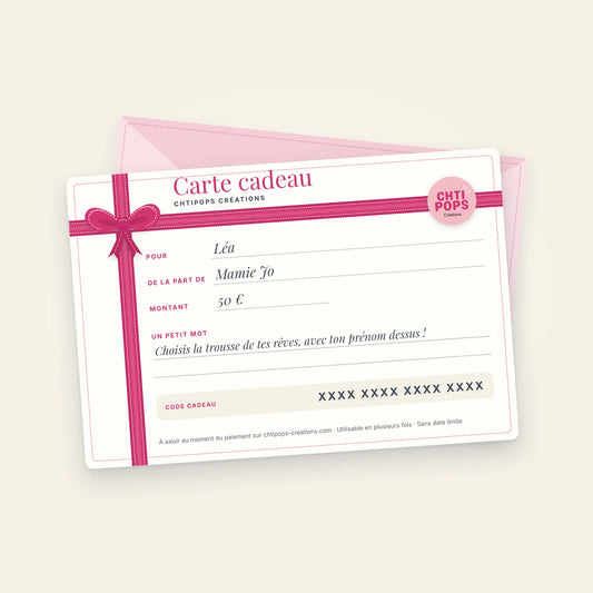 Carte cadeau Chtipops Créations à imprimer, avec ruban et nœud rose, à offrir pour un cadeau personnalisé