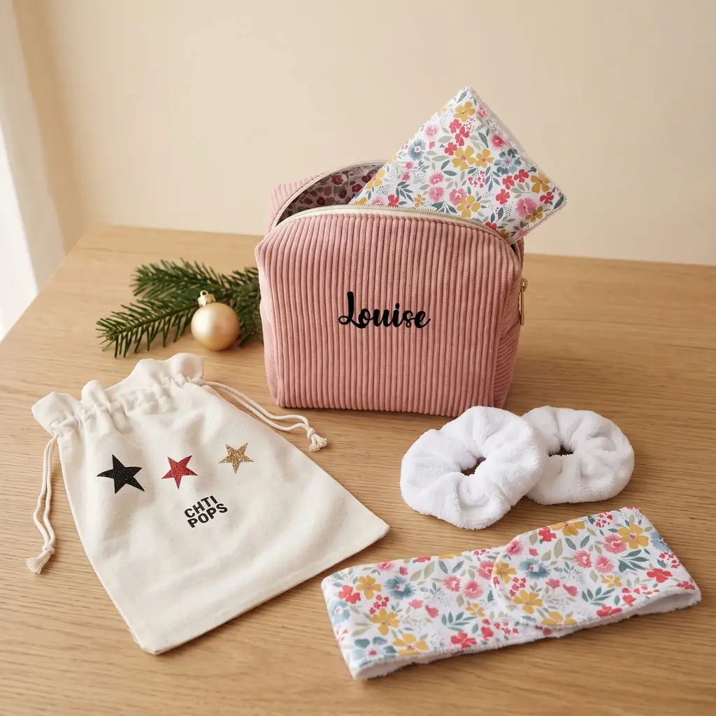 Coffret avec trousse en velours côtelé rose prénom Louise, ouverte sur doublure fleurie, chouchous, bandeau et pochon étoilé