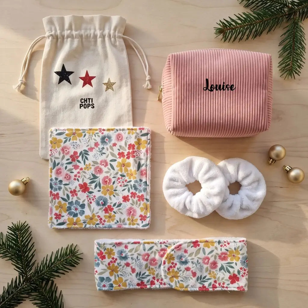 Coffret vu du dessus : trousse velours côtelé rose Louise, lingette carrée fleurie, bandeau, chouchous blancs et pochon