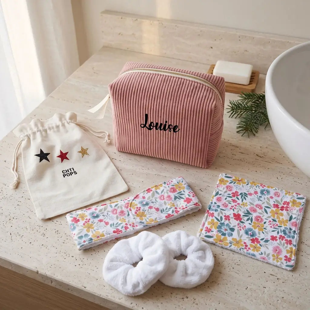 Coffret en salle de bain : trousse velours côtelé rose Louise, bandeau et lingette fleuris, chouchous blancs, pochon étoilé
