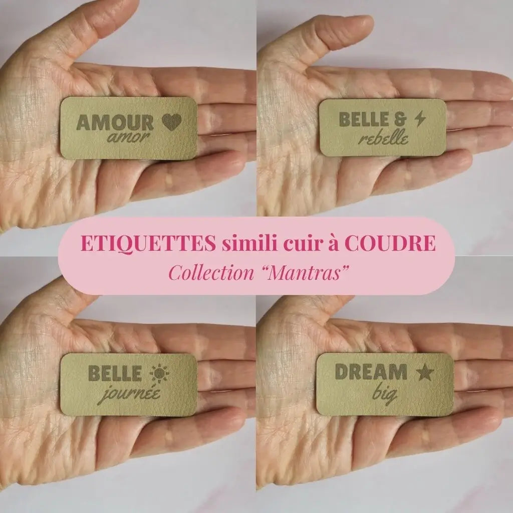 Quatre étiquettes à coudre en simili cuir gravées Amour, Belle & rebelle, Belle journée et Dream big
